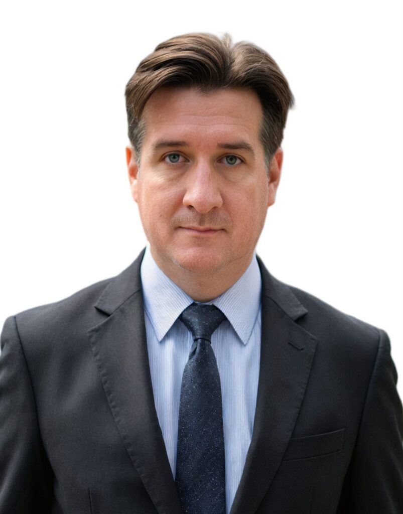 Professional headshot of a man with brown hair, wearing a dark suit and a textured dark blue tie